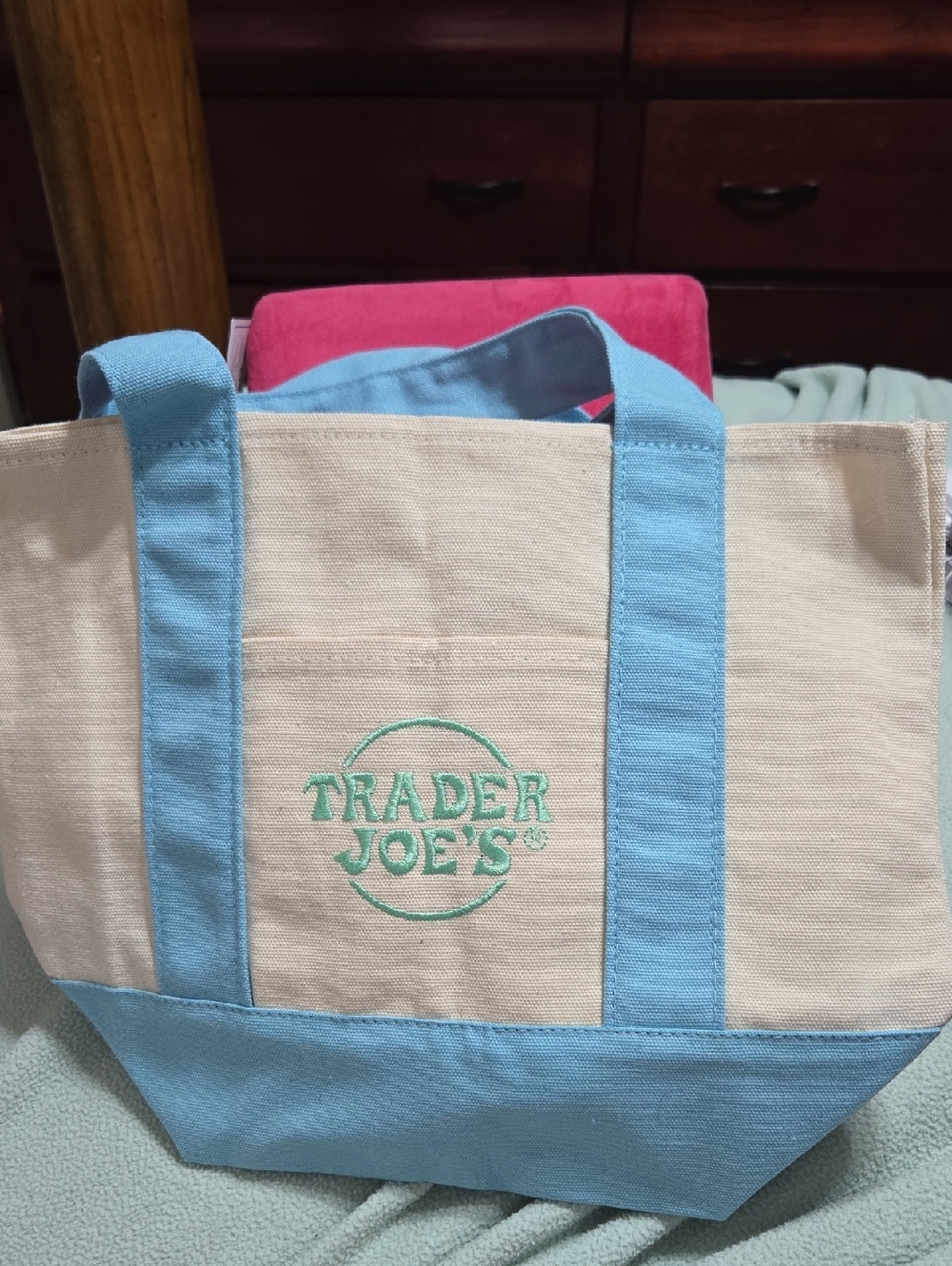Trader Joe's Cream Canvas Tote with Light Blue Accents